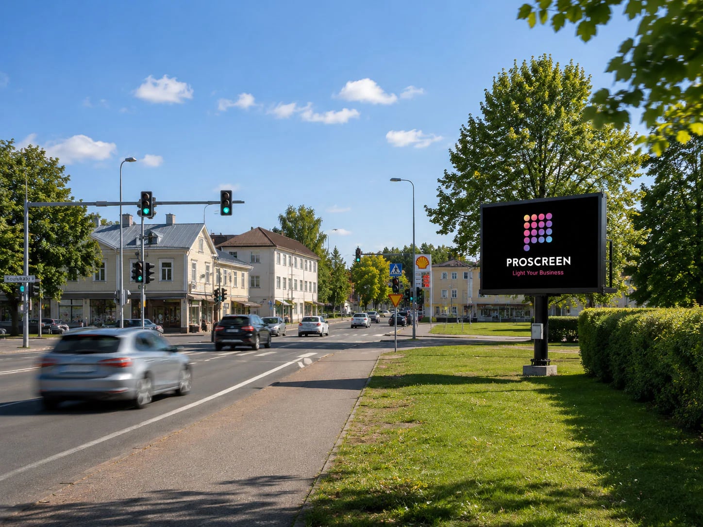 Jalustalle asennettu LED-näyttö pääväylän risteyksessä taajamassa
